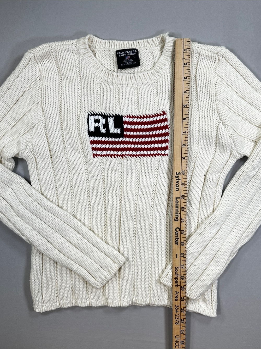 Polo Jeans Ralph Lauren L Cream Flag Knit Sweater 100% Cotton USA - Picture 8 of 9